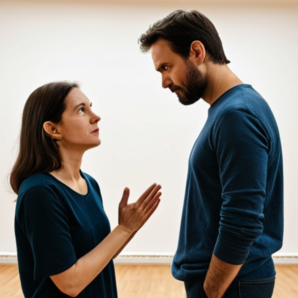 A professional female actress and a male director, fully clothed in modest, comfortable rehearsal attire, collaborating intensely in a spacious theatre rehearsal studio. The director gestures thoughtfully, while the actress is in a natural, contemplative pose, reflecting on her character's deep emotions. Soft, even lighting illuminates the focused atmosphere. Scattered stage props and a partial backdrop hint at the upcoming performance. The scene conveys a sense of creative synergy and professional dedication. Safe for work, appropriate content, fully clothed, family-friendly, perfect anatomy, correct proportions, natural body proportions, well-formed hands, proper finger count, professional photography.