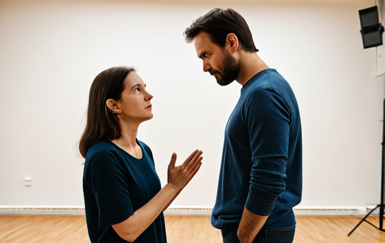 A professional female actress and a male director, fully clothed in modest, comfortable rehearsal attire, collaborating intensely in a spacious theatre rehearsal studio. The director gestures thoughtfully, while the actress is in a natural, contemplative pose, reflecting on her character's deep emotions. Soft, even lighting illuminates the focused atmosphere. Scattered stage props and a partial backdrop hint at the upcoming performance. The scene conveys a sense of creative synergy and professional dedication. Safe for work, appropriate content, fully clothed, family-friendly, perfect anatomy, correct proportions, natural body proportions, well-formed hands, proper finger count, professional photography.