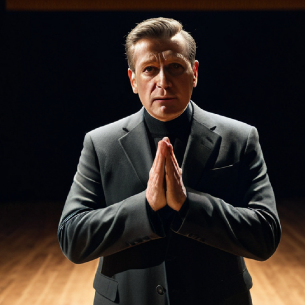 A professional actor, in modest, dark professional rehearsal attire, standing centered on a warmly lit theater stage during a performance. The actor's face conveys profound, genuine emotion and intense focus, expressing the soul of a character with authentic vulnerability. The background features blurred stage elements and a hint of an empty audience seating area, emphasizing the intimate connection to the art. Safe for work, appropriate content, fully clothed, professional dress, perfect anatomy, correct proportions, natural pose, well-formed hands, proper finger count, natural body proportions, high-quality professional photography, studio lighting.