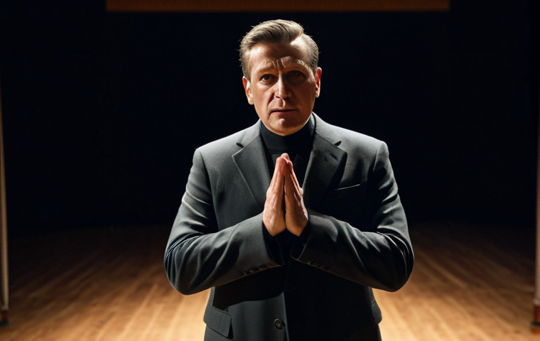 A professional actor, in modest, dark professional rehearsal attire, standing centered on a warmly lit theater stage during a performance. The actor's face conveys profound, genuine emotion and intense focus, expressing the soul of a character with authentic vulnerability. The background features blurred stage elements and a hint of an empty audience seating area, emphasizing the intimate connection to the art. Safe for work, appropriate content, fully clothed, professional dress, perfect anatomy, correct proportions, natural pose, well-formed hands, proper finger count, natural body proportions, high-quality professional photography, studio lighting.