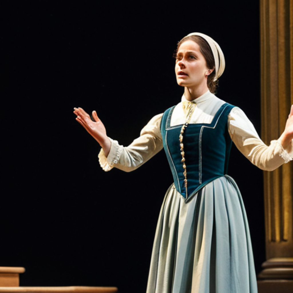 **
"A confident actress on stage during a theatrical performance, fully clothed in a modest period costume. She is gracefully gesturing while delivering her lines. The background shows a detailed stage setting with classic architecture. Perfect anatomy, correct proportions, well-formed hands, proper finger count, natural body proportions, professional lighting, safe for work, appropriate content, fully clothed, professional."
**
