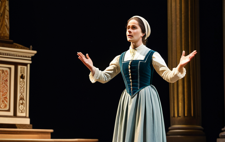**

"A confident actress on stage during a theatrical performance, fully clothed in a modest period costume. She is gracefully gesturing while delivering her lines. The background shows a detailed stage setting with classic architecture.  Perfect anatomy, correct proportions, well-formed hands, proper finger count, natural body proportions, professional lighting, safe for work, appropriate content, fully clothed, professional."

**