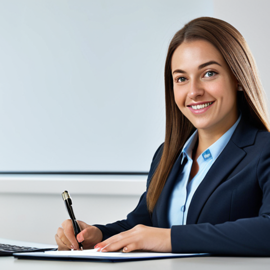 A Playful Businesswoman**
"A professional businesswoman in a modest business suit, sitting at a desk in a modern office, fully clothed, appropriate attire, safe for work, perfect anatomy, natural proportions, professional photography, high quality."
**