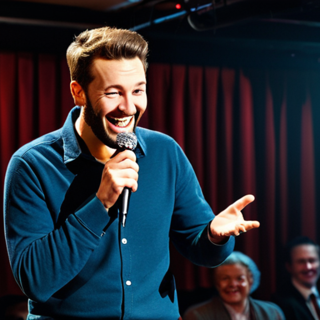 연극배우의 장르별 연기 도전 - Comedy - Stand-Up Comedian**
"A stand-up comedian performing on stage in a comedy club, fully cloth...