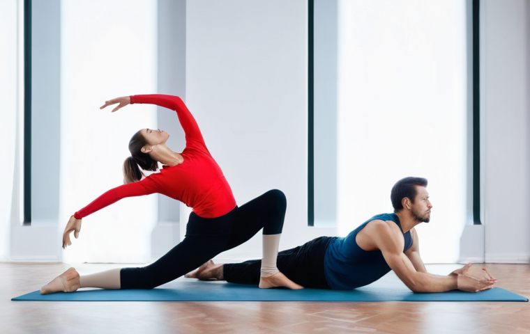 연극배우의 공연 전 루틴 - **Prompt: The Dancer's Graceful Warm-up**
A highly detailed, realistic photograph of a male and ...