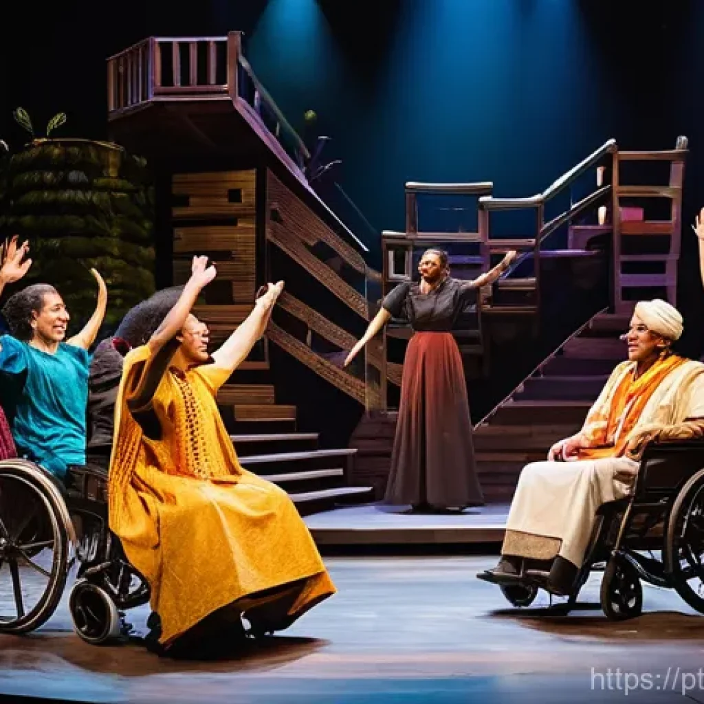 연극배우와 문화 다양성 연극 - A vibrant and diverse ensemble cast, featuring actors of various ethnicities and ages, including a p...