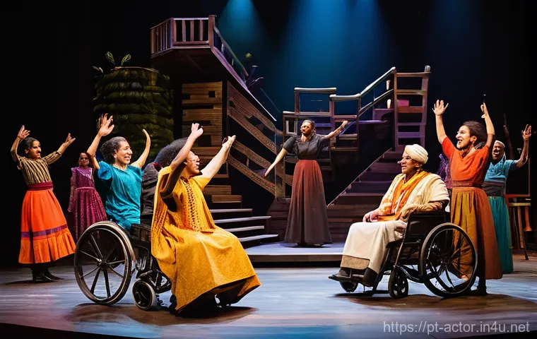 연극배우와 문화 다양성 연극 - A vibrant and diverse ensemble cast, featuring actors of various ethnicities and ages, including a p...