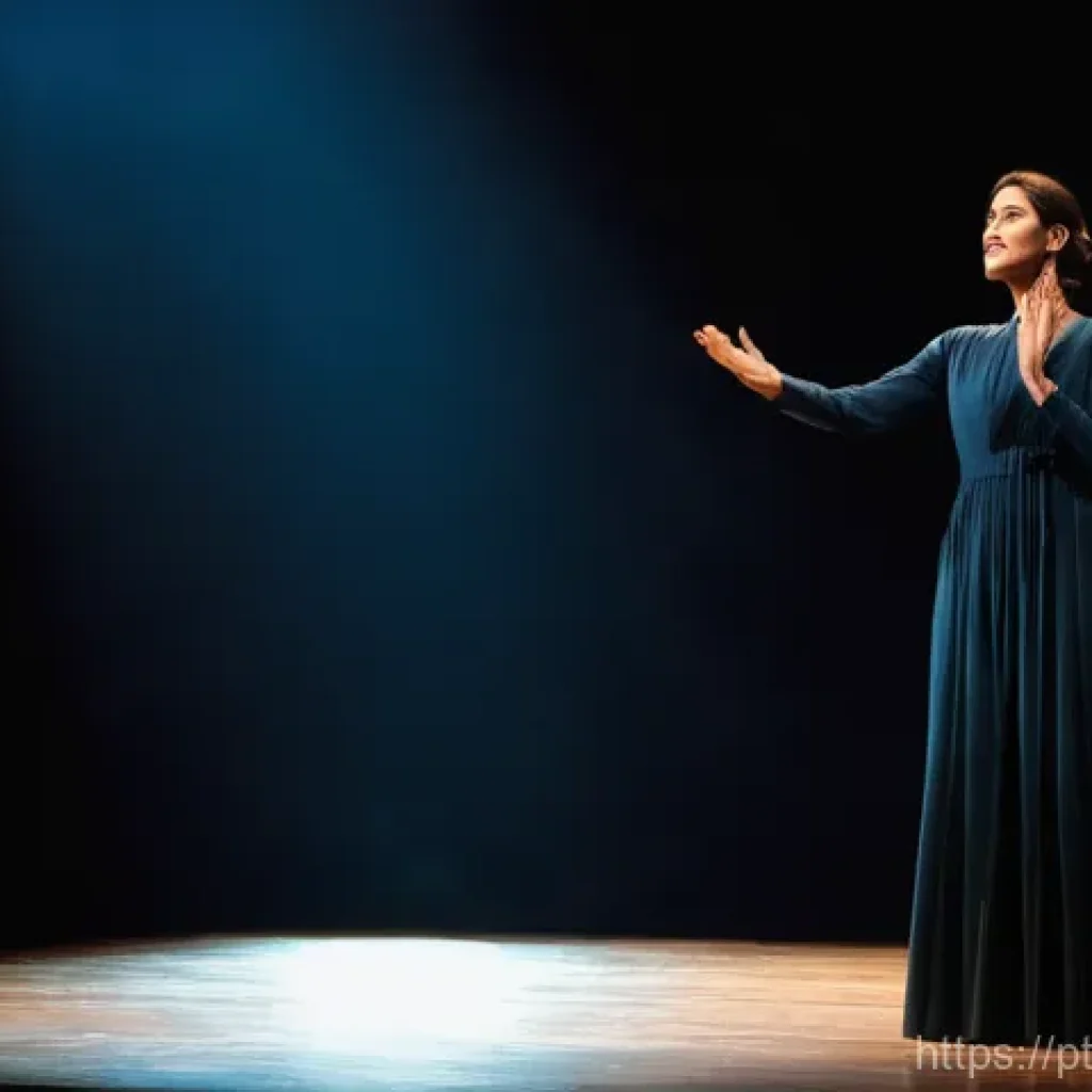 연극배우와 교습 활동 - **Prompt:** A Portuguese actress, mid-performance on a dimly lit stage, her face illuminated by a si...