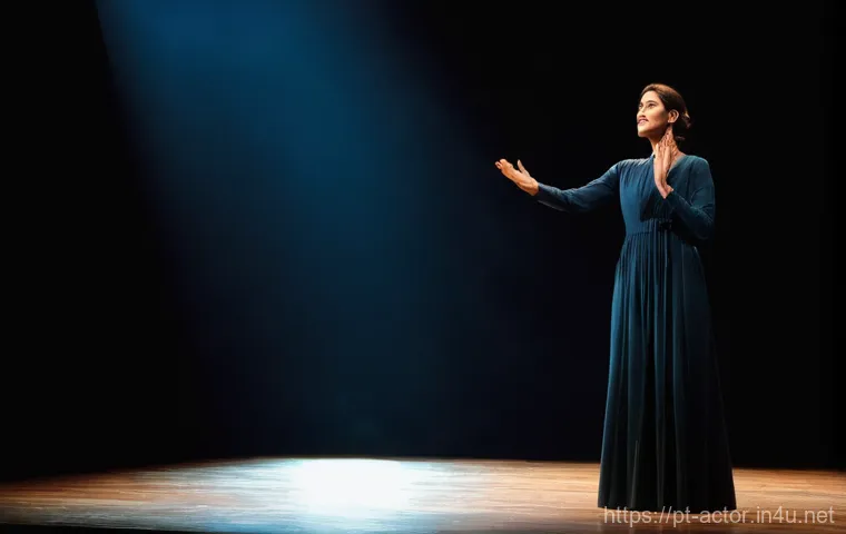 연극배우와 교습 활동 - **Prompt:** A Portuguese actress, mid-performance on a dimly lit stage, her face illuminated by a si...