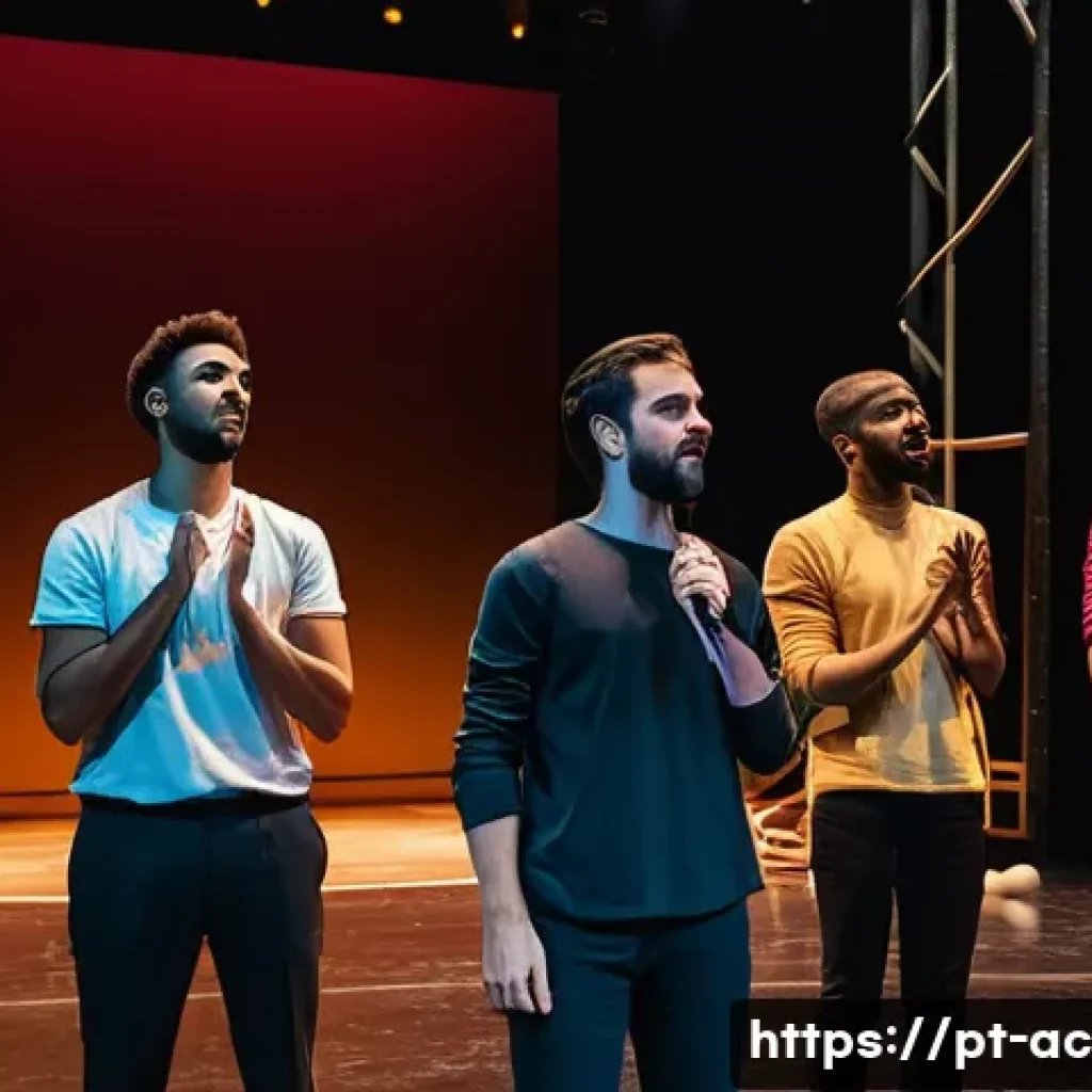 연극배우의 공연 리허설 준비 - A diverse group of actors rehearsing on a modern theater stage in São Paulo, Brazil, engaged in sync...