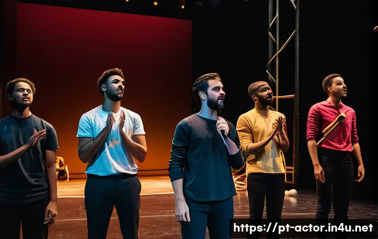 연극배우의 공연 리허설 준비 - A diverse group of actors rehearsing on a modern theater stage in São Paulo, Brazil, engaged in sync...