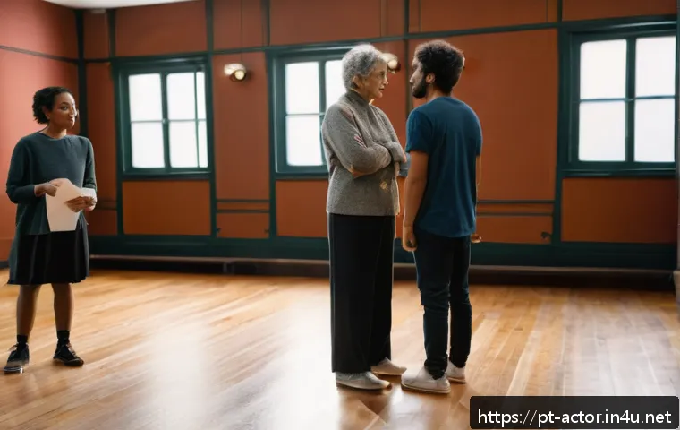 연극배우를 위한 네트워킹 팁 - A warm and inviting theater workshop scene showing diverse actors in casual clothing rehearsing a dr...