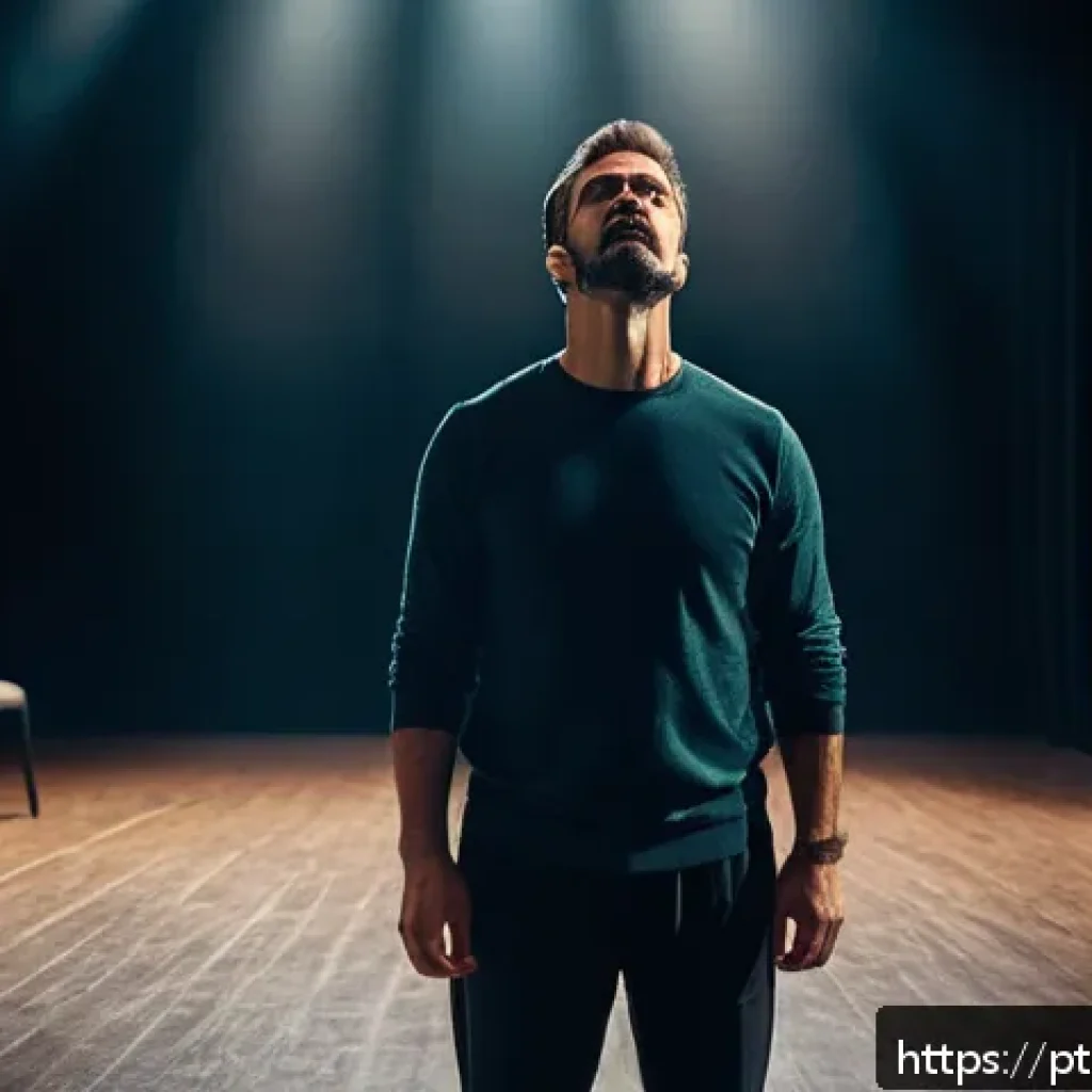 연극배우의 발성 연습 방법 - A professional actor practicing diaphragmatic breathing in a modern theater rehearsal room, standing...