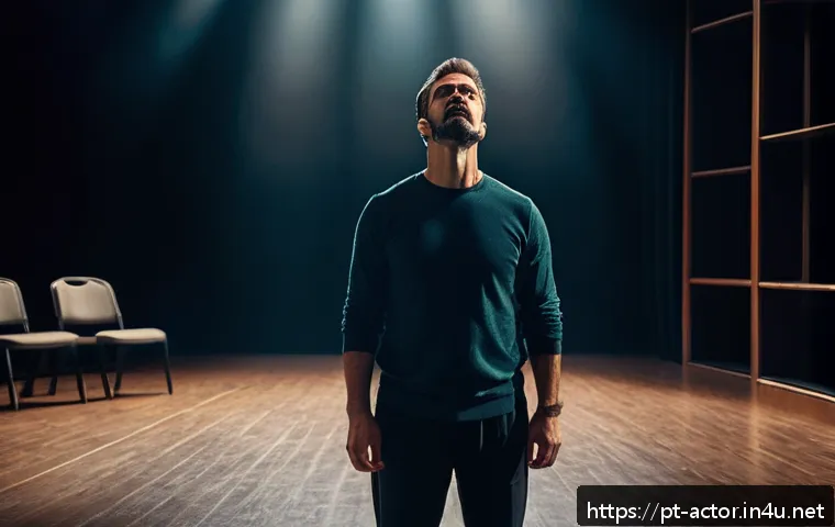 연극배우의 발성 연습 방법 - A professional actor practicing diaphragmatic breathing in a modern theater rehearsal room, standing...