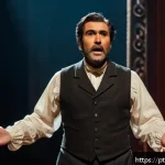 Home 22 연극배우를 위한 책 추천 - A professional actor in a classic theater setting, wearing period-appropriate costume with visible s...