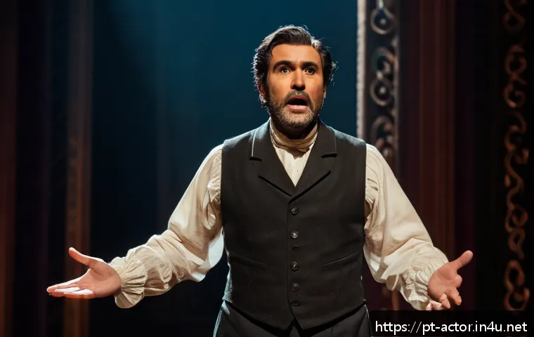 연극배우를 위한 책 추천 - A professional actor in a classic theater setting, wearing period-appropriate costume with visible s...