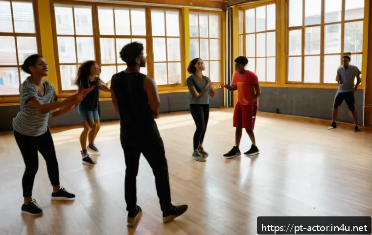 연극배우로서의 평판 관리 - A vibrant theater rehearsal scene set in a modern Brazilian studio, featuring diverse actors in casu...