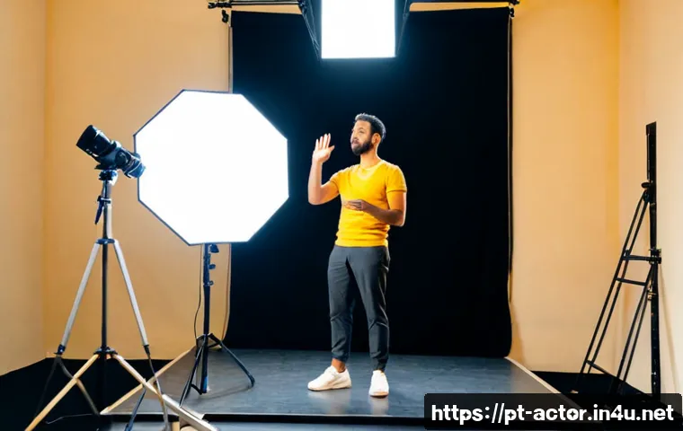 연극배우의 공연 홍보 전략 - Photorealistic theatre actor in a warm Lisbon-style rehearsal studio, confidently recording a short ...