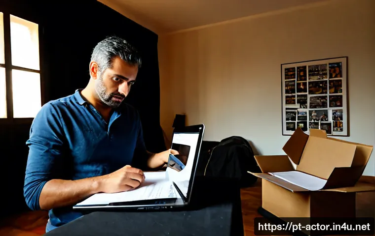Home 17 연극배우 이직 방법 - Photorealistic Portuguese theater actor in a modest Lisbon apartment, thoughtfully reviewing a portf...