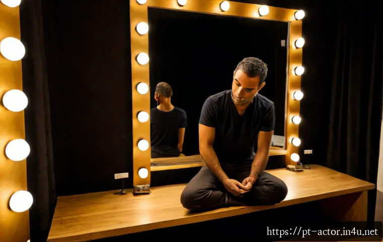 Home 17 연극배우의 멘탈 관리 - Photorealistic Portuguese stage actor practicing mindful breathing alone in a quiet Lisbon theater d...