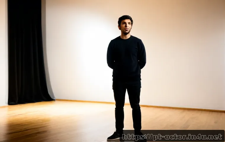 연극배우 자격시험 난이도 - Photorealistic Portuguese-speaking aspiring theatre actor in a modest Lisbon rehearsal studio, stand...
