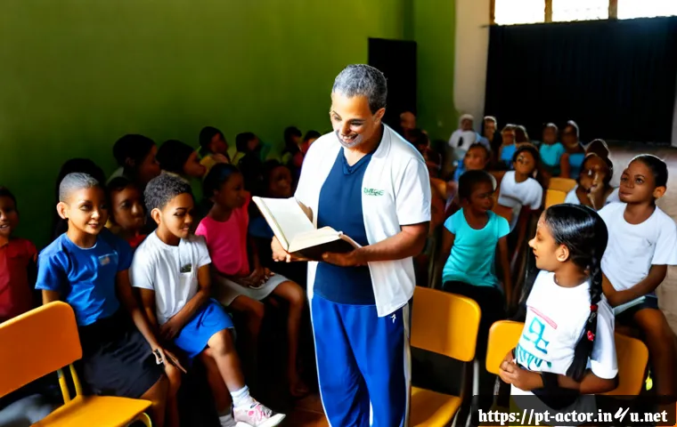 Home 17 연극배우로서의 사회적 책임 - Photorealistic Brazilian theatre actor volunteering at a neighborhood cultural center, warmly readin...